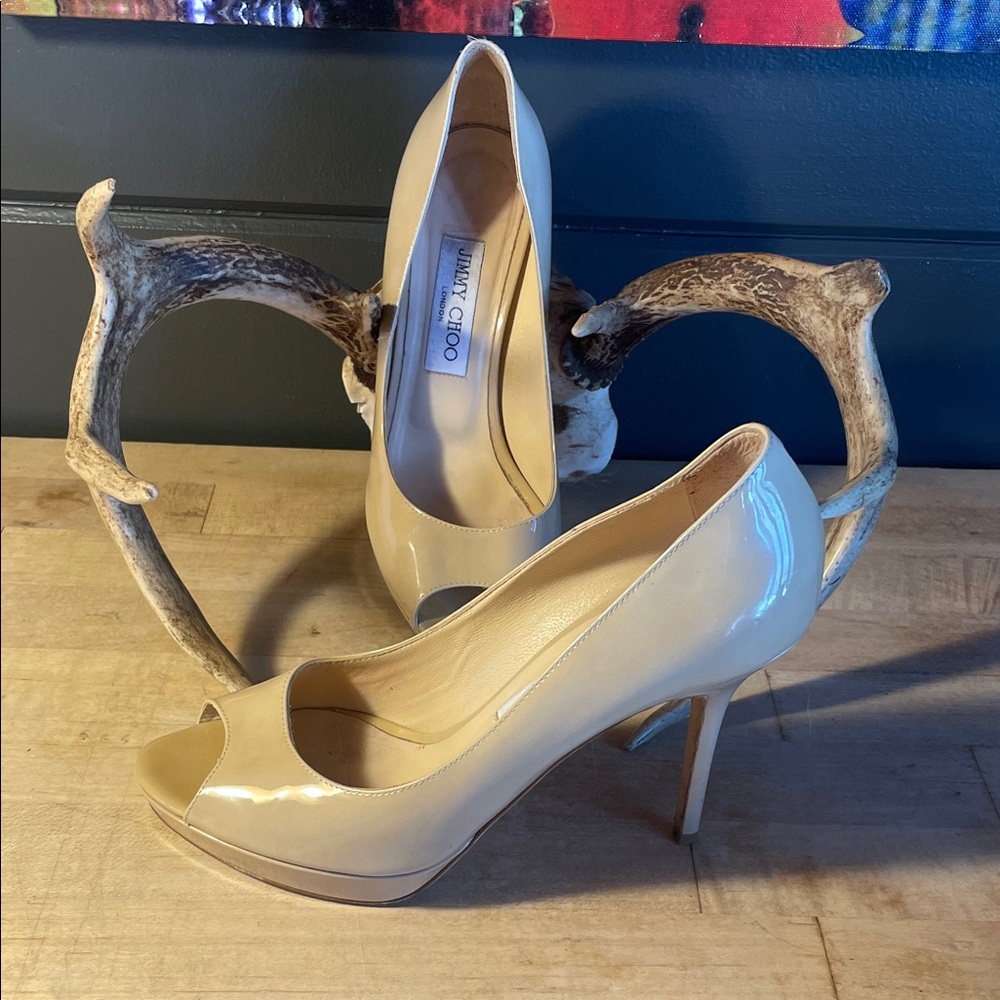 Jimmy Choo Nude Patent Leather Peep Toe Pumps Heels!